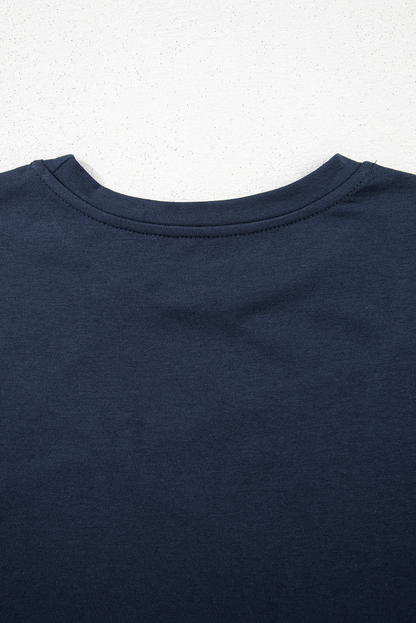 Dirty blue Solid Color Toothpick Stripe Round Neck T Shirt - Snoopy's Closet