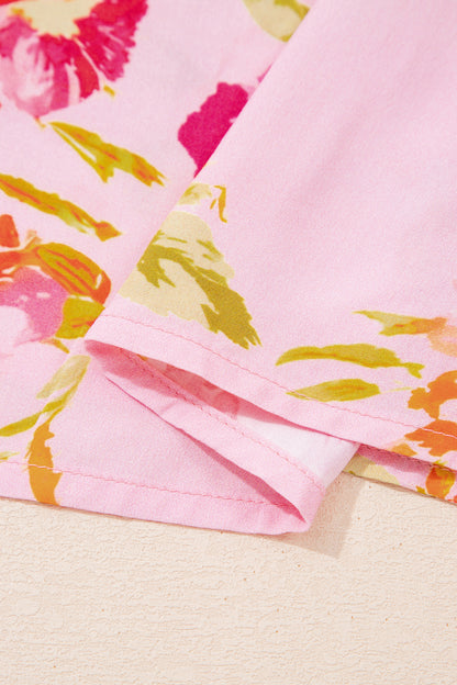 Pink Floral Print Tie Neck Puffy Half Sleeve Blouse - Snoopy's Closet