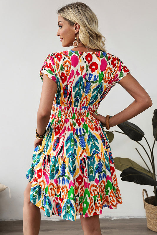 Minivestido escalonado con volantes, escote en V y manga dolman con estampado abstracto en azul cielo