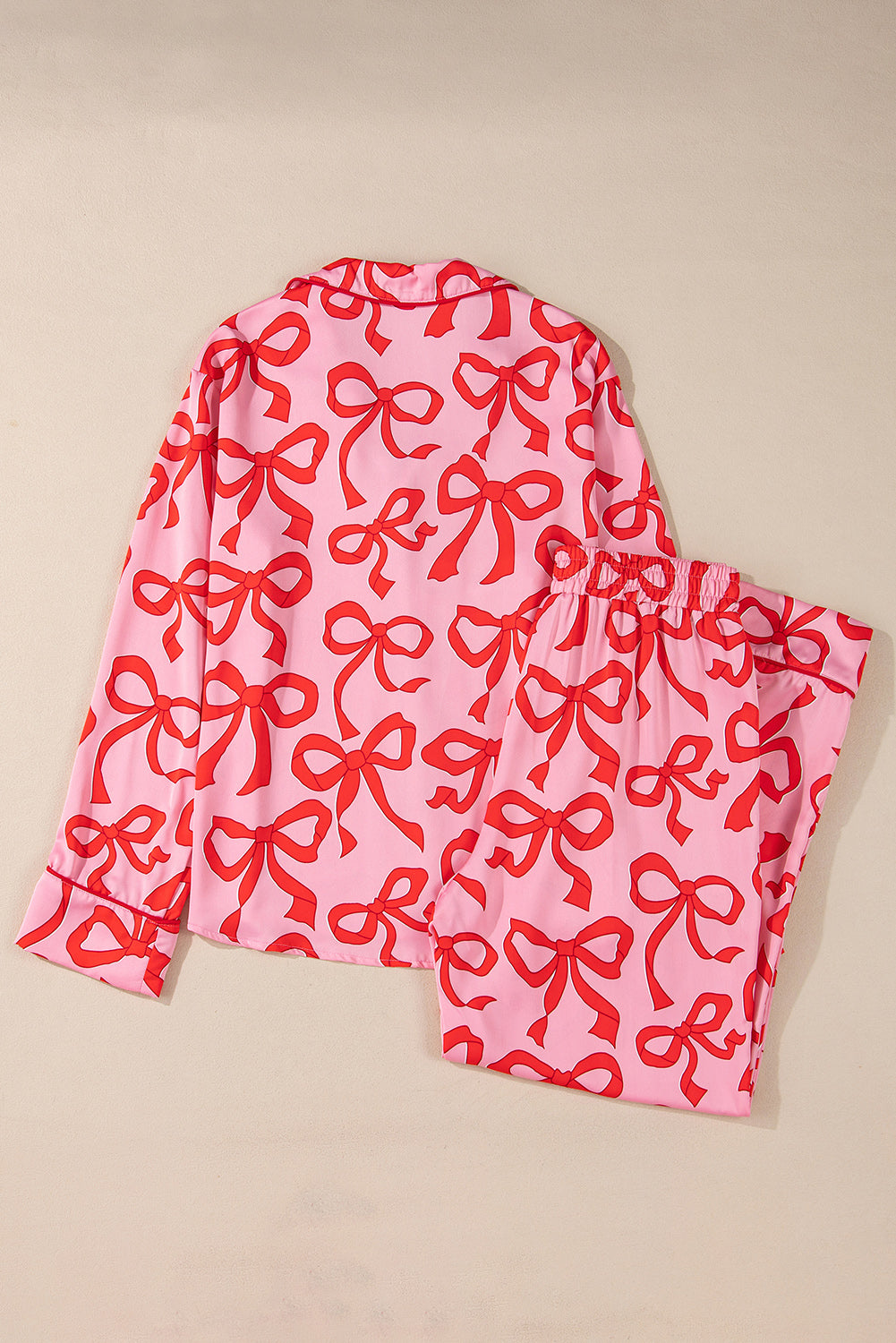Pink 2pcs Bow Print Shirt Style Long Sleeve Pajama Set - Snoopy's Closet