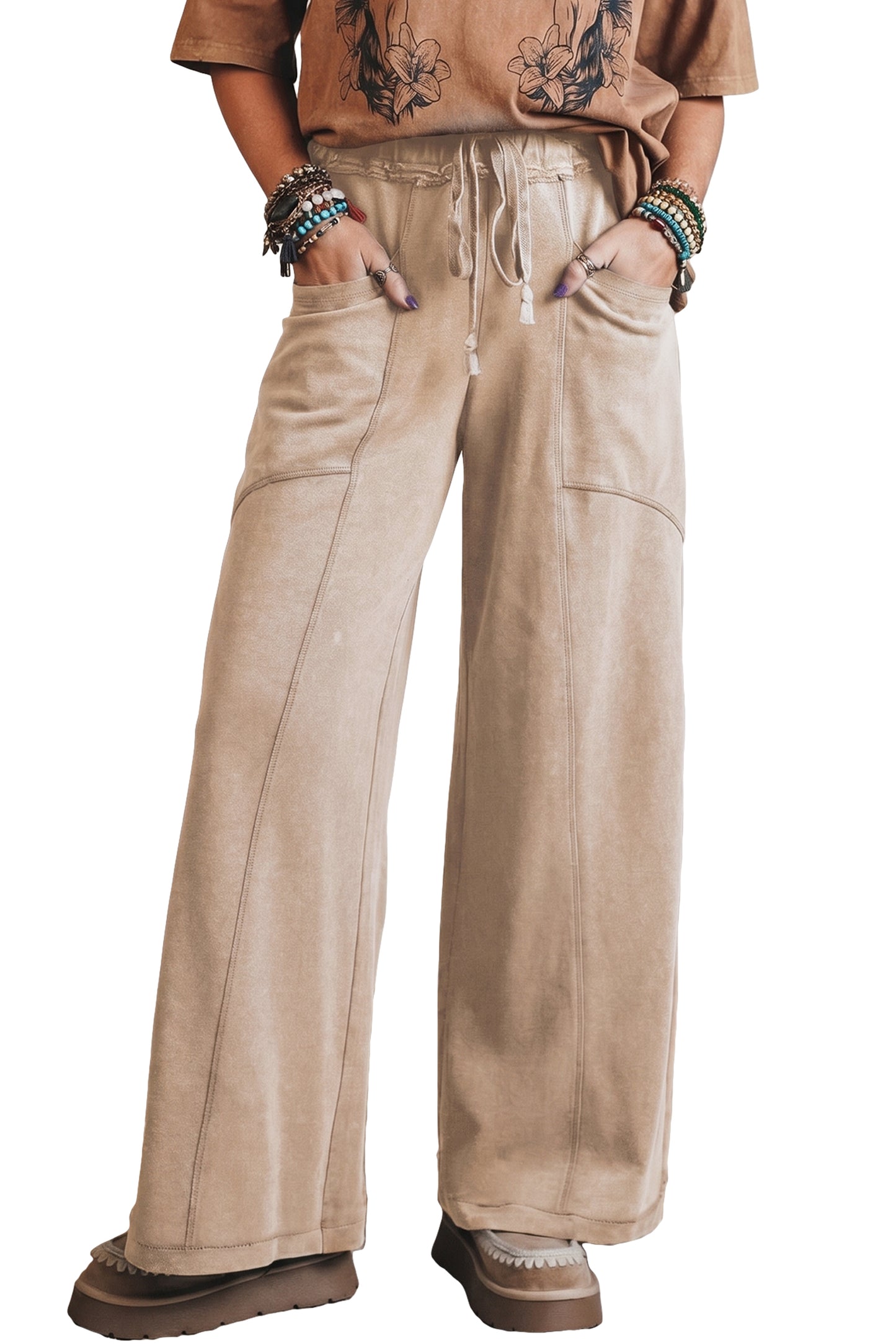 Pantalones Retro Western de Cintura Alta y Pierna Ancha con Cordón y Lavado Mineral Gris Humo