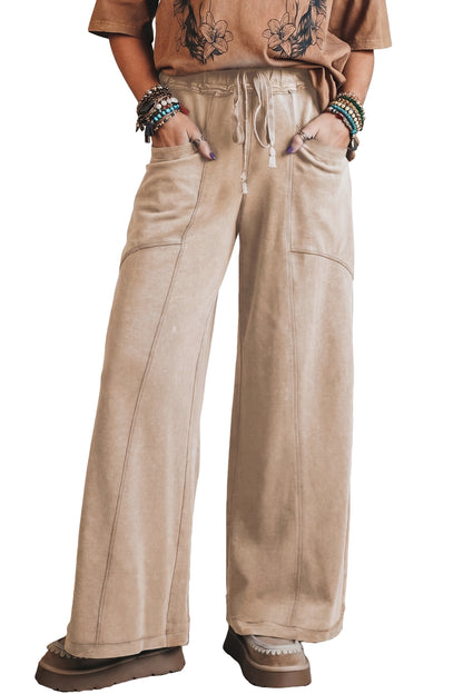 Pantalones Retro Western de Cintura Alta y Pierna Ancha con Cordón y Lavado Mineral Gris Humo