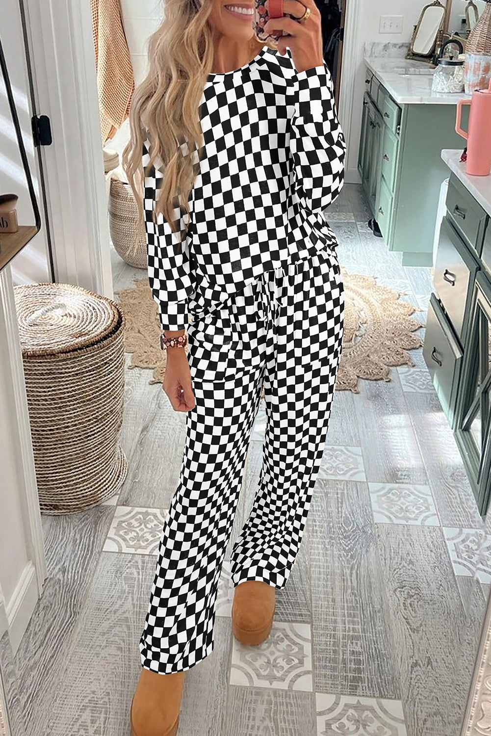 Black Checkered Print Long Sleeve Top and Pants Lounge Set - Snoopy's Closet