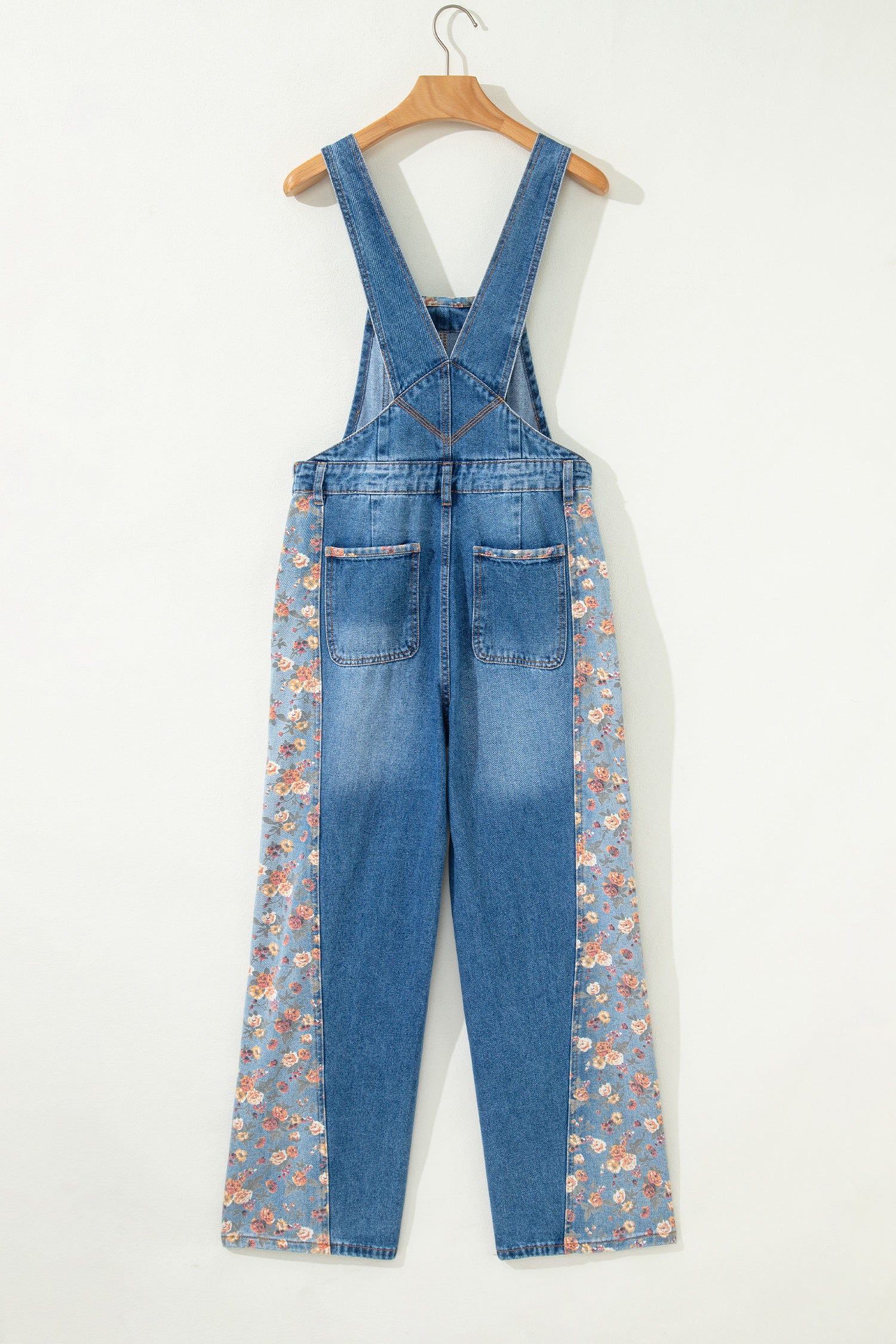 Peacock Blue Floral Patchwork Bib Denim Wide Leg Overalls - Snoopy's Closet