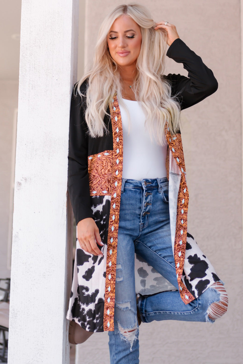 Black Western Pattern Cow Patchwork Open Front Cardigan - Snoopy's Closet