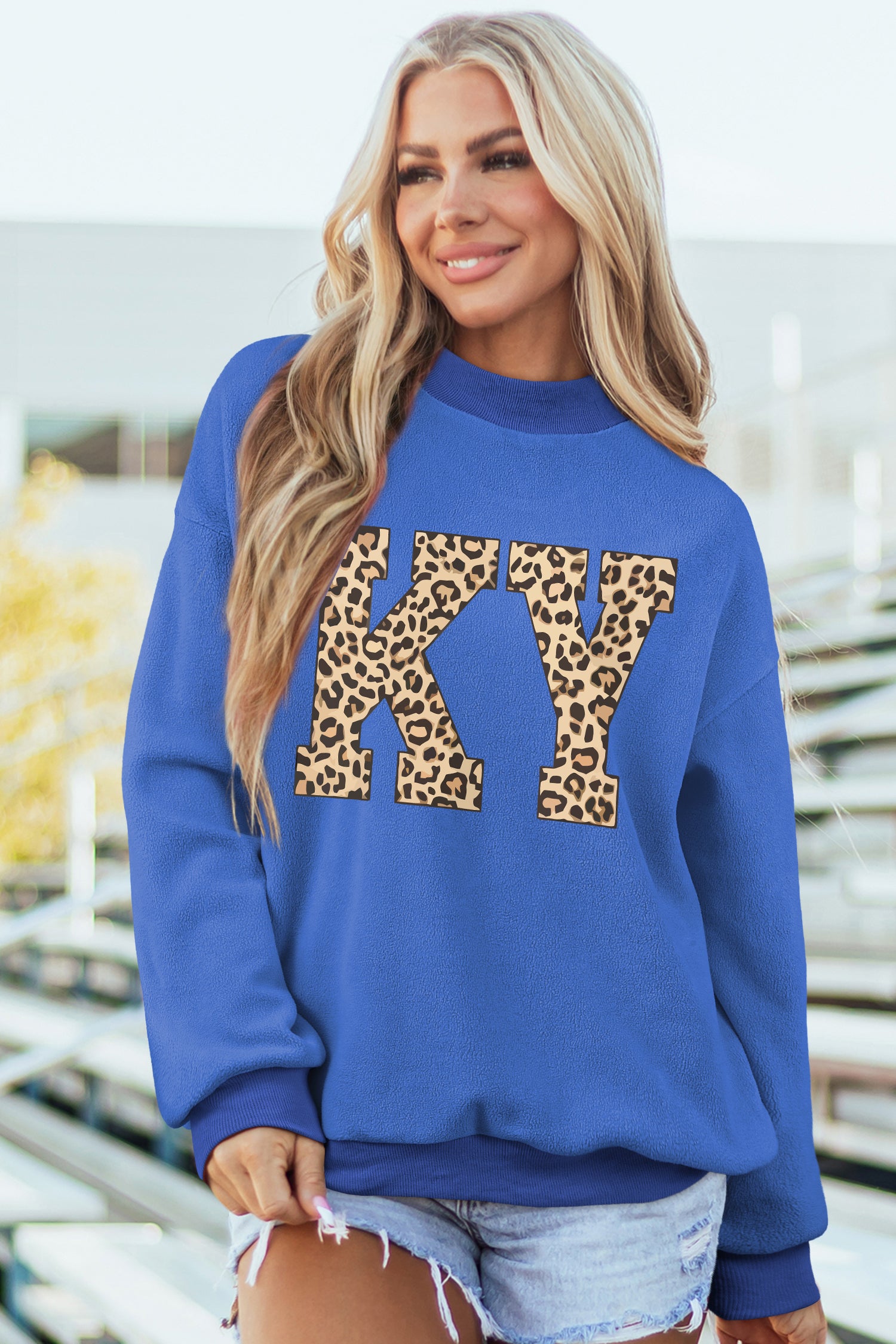 Dark Blue KENTUCKY Leopard KY Letter Print Reversible High Neck Sweatshirt - Snoopy's Closet