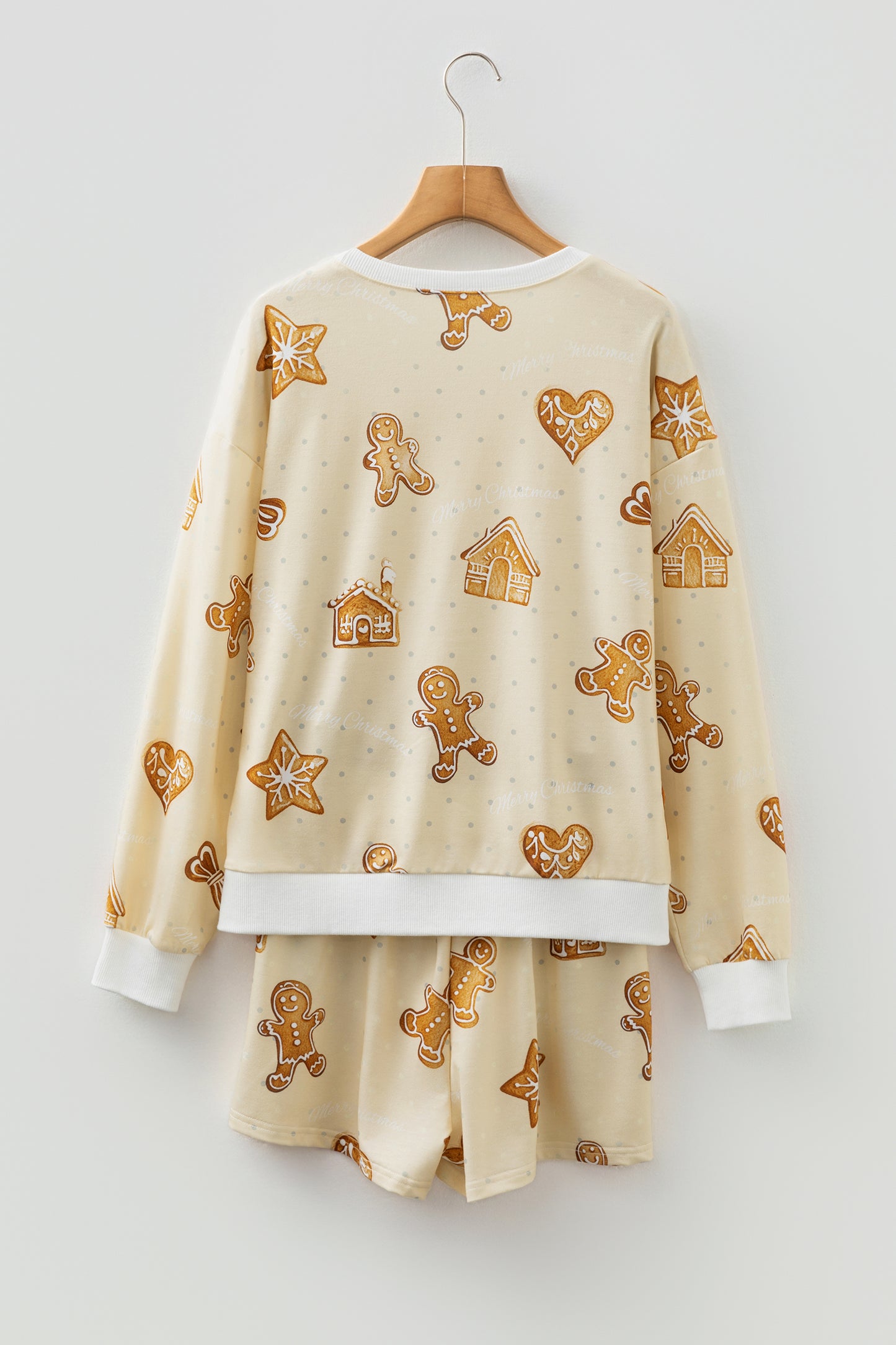 Beige Gingerbread Man Christmas Print Long Sleeve Pullover Lounge Short Set - Snoopy's Closet