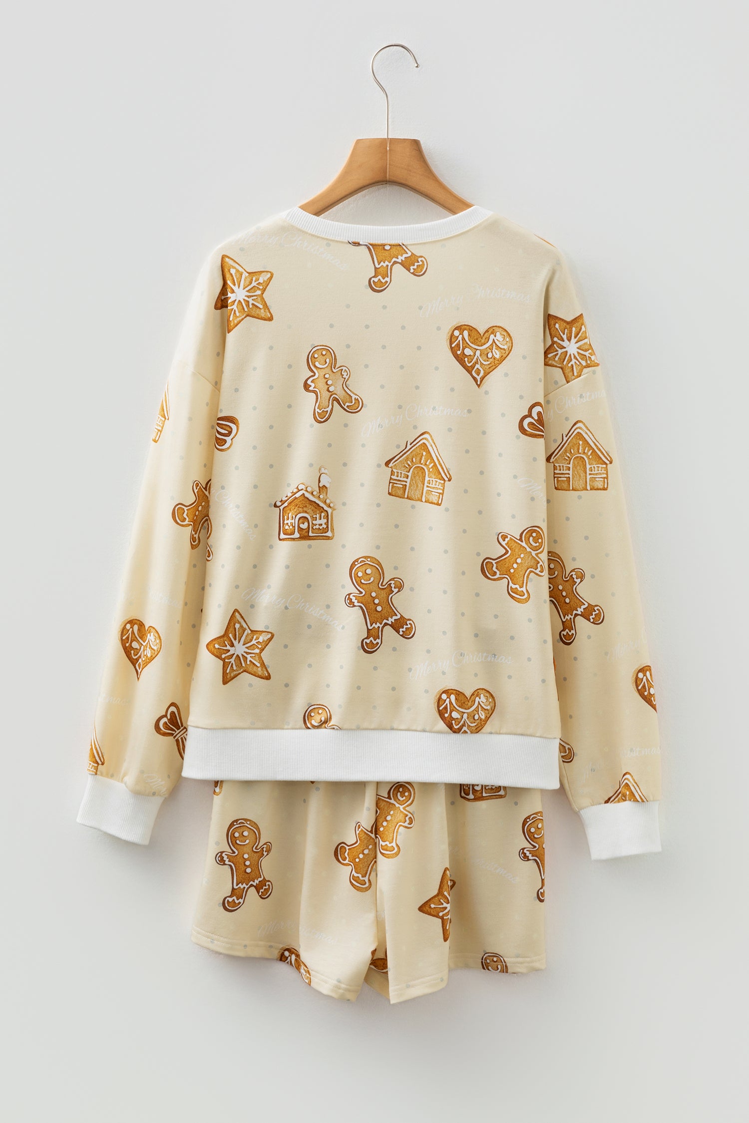 Beige Gingerbread Man Christmas Print Long Sleeve Pullover Lounge Short Set - Snoopy's Closet