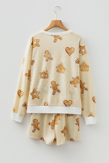 Beige Gingerbread Man Christmas Print Long Sleeve Pullover Lounge Short Set - Snoopy's Closet