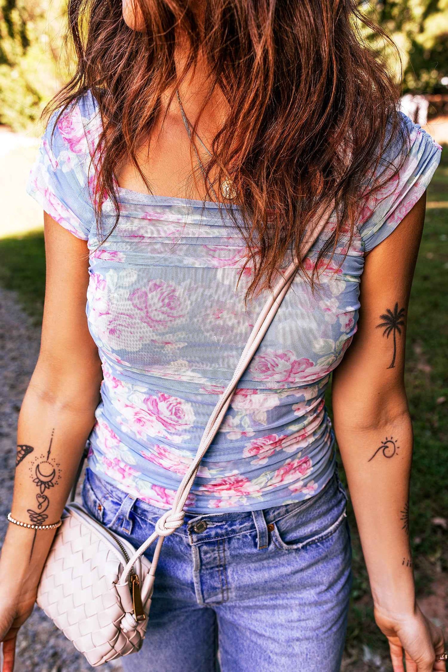 Sky Blue Square Neck Cap Sleeve Ruched Floral Mesh Top