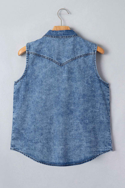 Dusk Blue Buttoned Front Collared Sleeveless Denim Vest