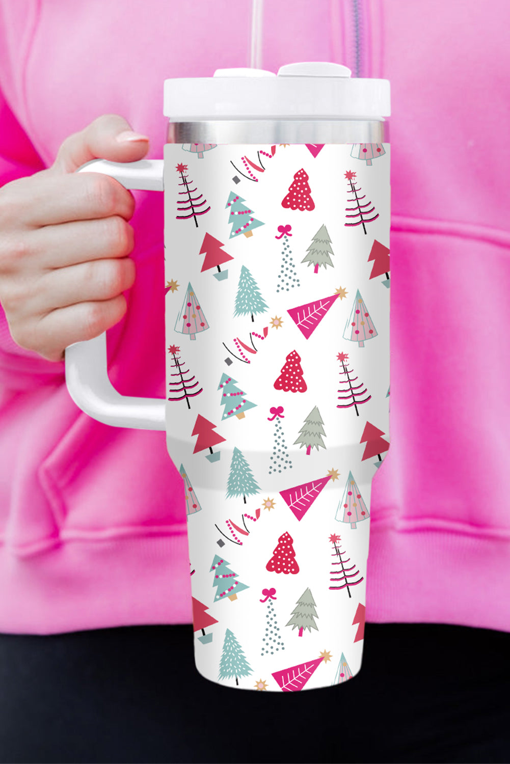 Termo de 40 oz con estampado de árbol de Navidad de dibujos animados blanco