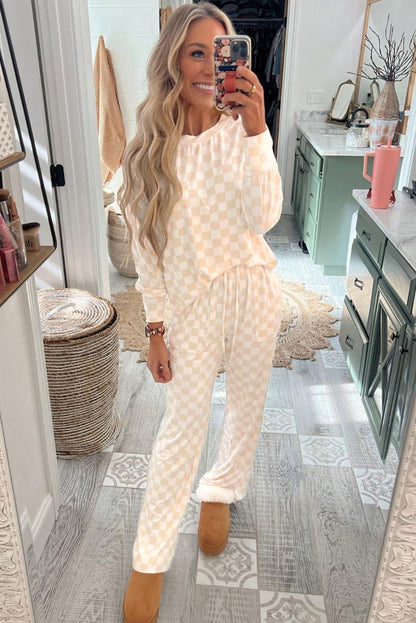 Beige Checkered Print Long Sleeve Top and Pants Lounge Set - Snoopy's Closet
