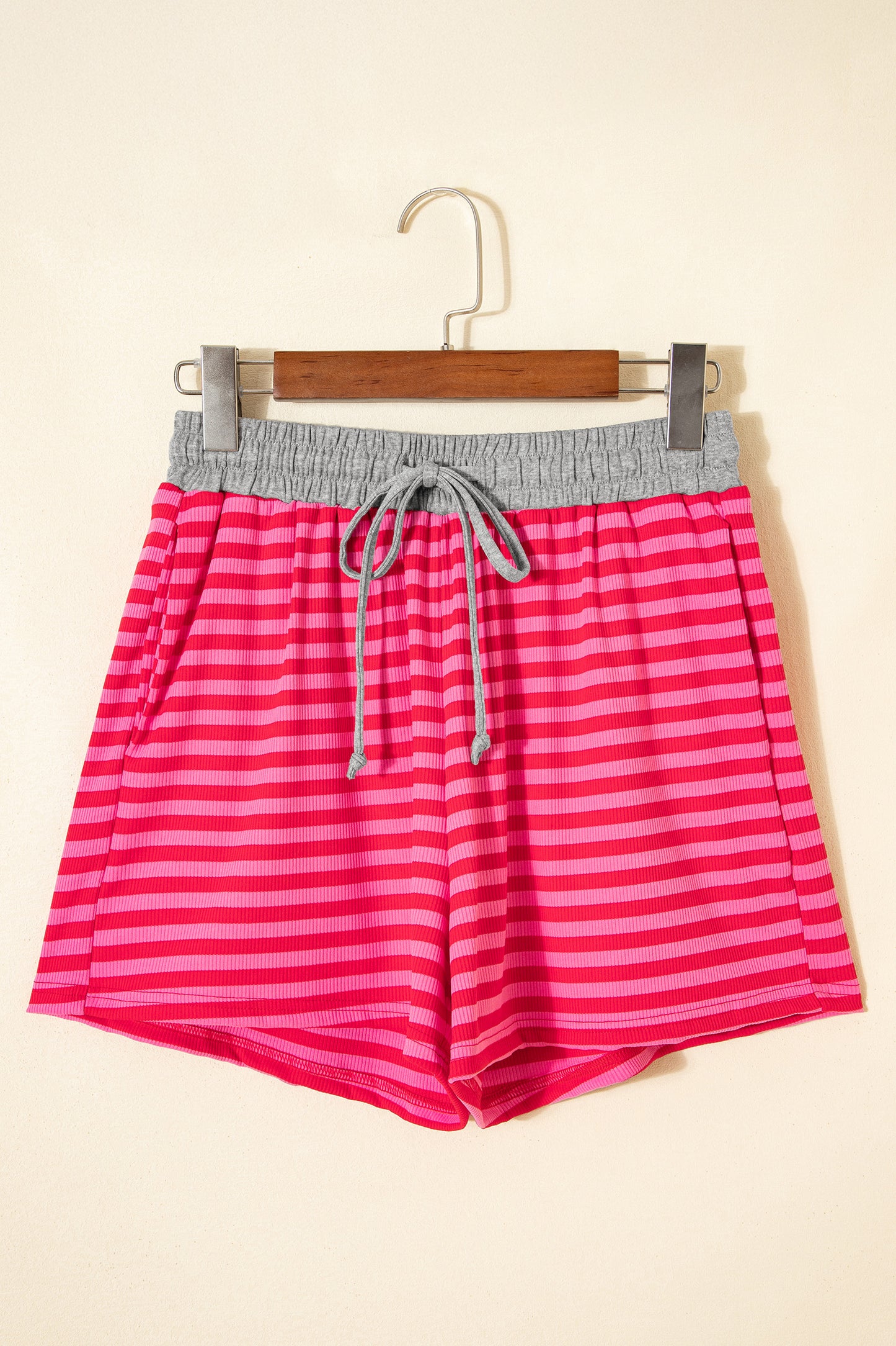 Rose Stripe Contrast Elastic Waist Casual Ribbed Shorts - Snoopy's Closet