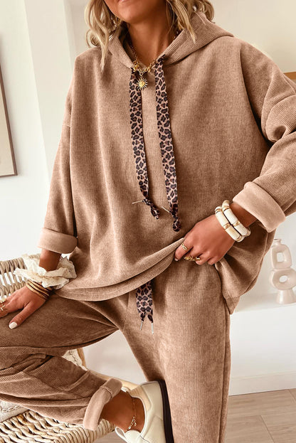 Parchment Leopard Drawstring Pullover Hoodie and High Waist Pants Corduroy Suit - Snoopy's Closet