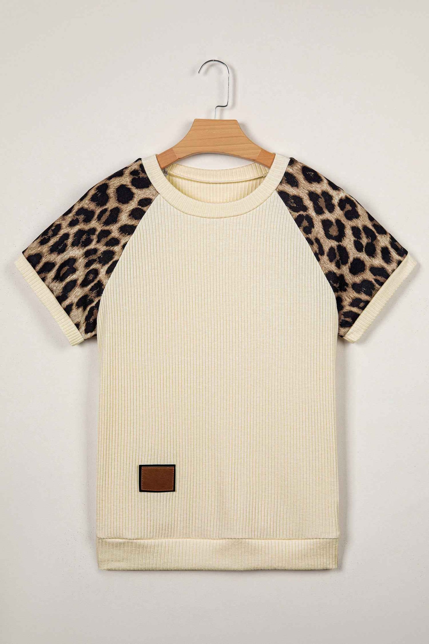 Apricot Ribbed Color Block Leopard Contrast Sleeve Loose Tee