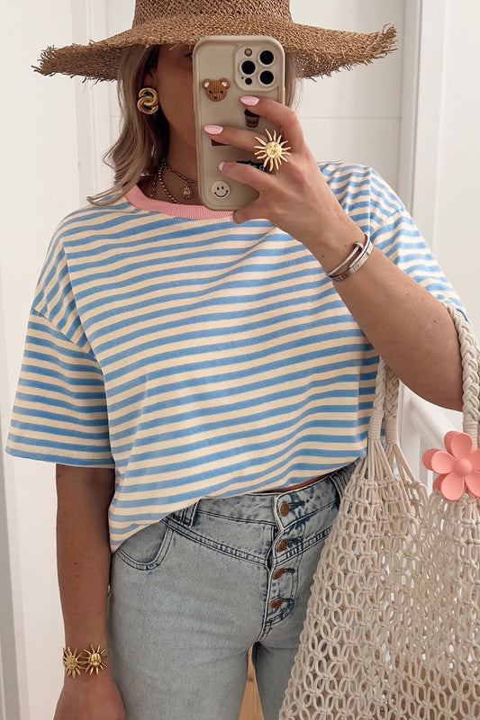 Sky Blue Stripe Contrast Crew Neck Drop Shoulder Loose Tee - Snoopy's Closet