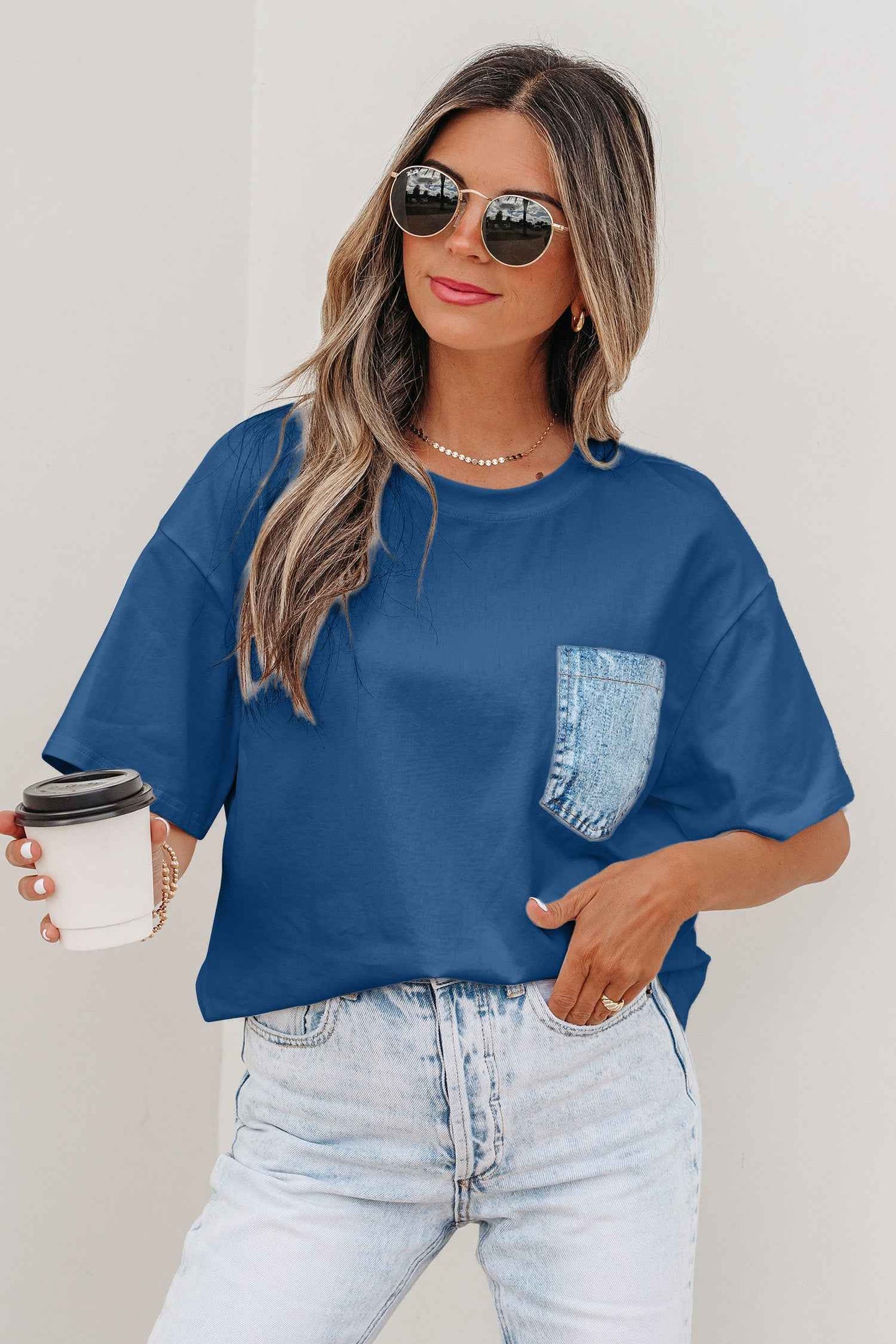 White Color Block Chest Pocket Patched Casual Short Sleeve Top