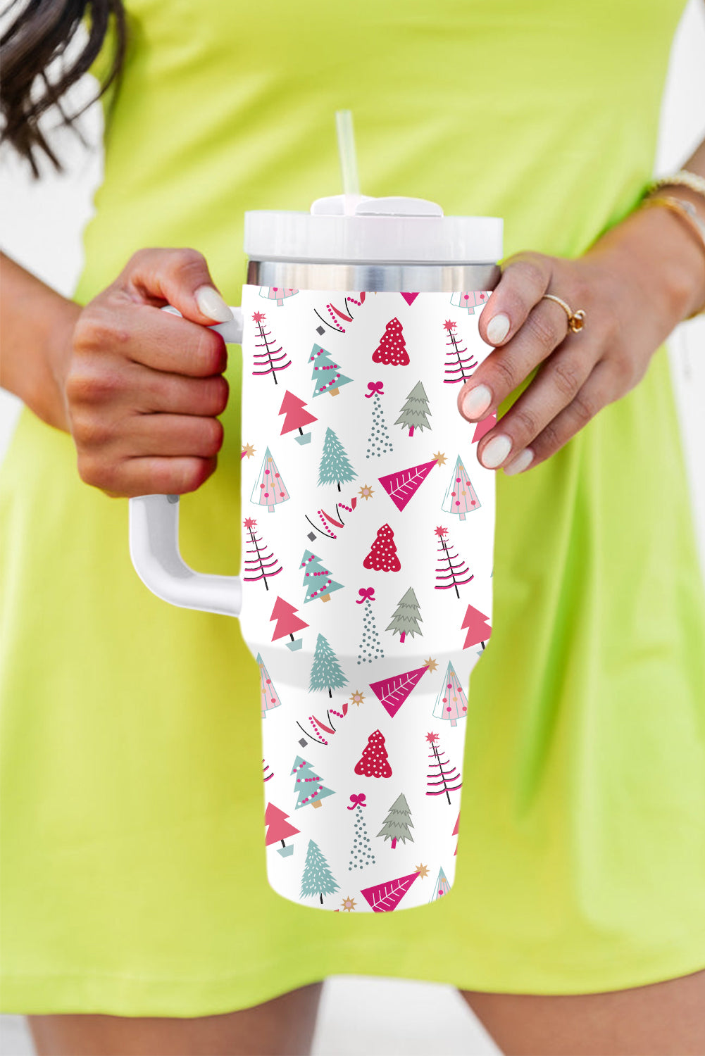 Termo de 40 oz con estampado de árbol de Navidad de dibujos animados blanco