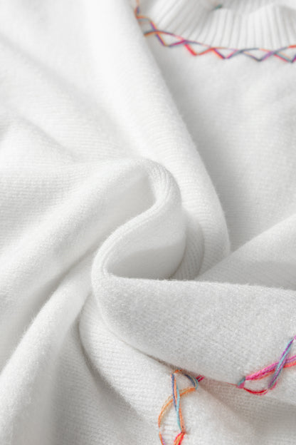 White Rainbow Stitching Balloon Sleeve Relaxed Sweater - Snoopy's Closet
