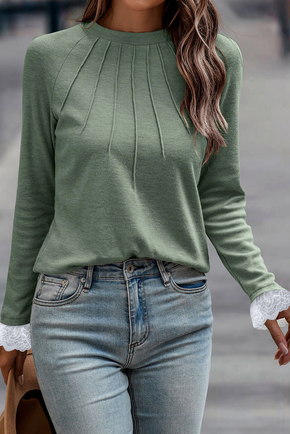 Grass Green Seam Detail Lace Contrast Cuffs Raglan Sleeve Top - Snoopy's Closet
