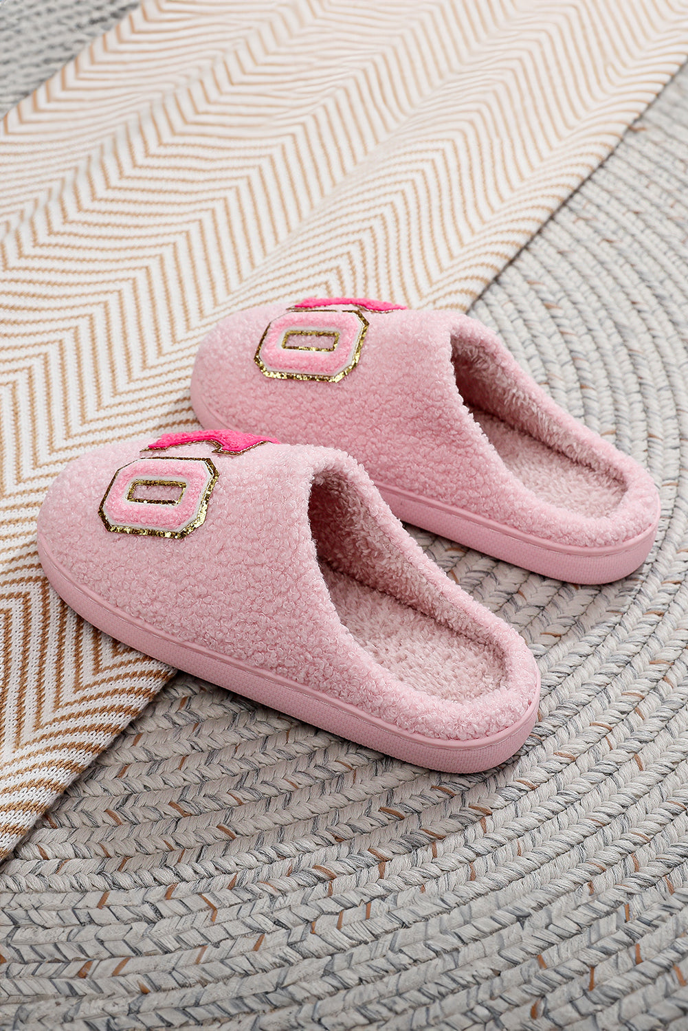 Pink XO XO Glitter Trim Letter Patched Plush House Slippers - Snoopy's Closet