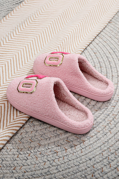 Pink XO XO Glitter Trim Letter Patched Plush House Slippers - Snoopy's Closet