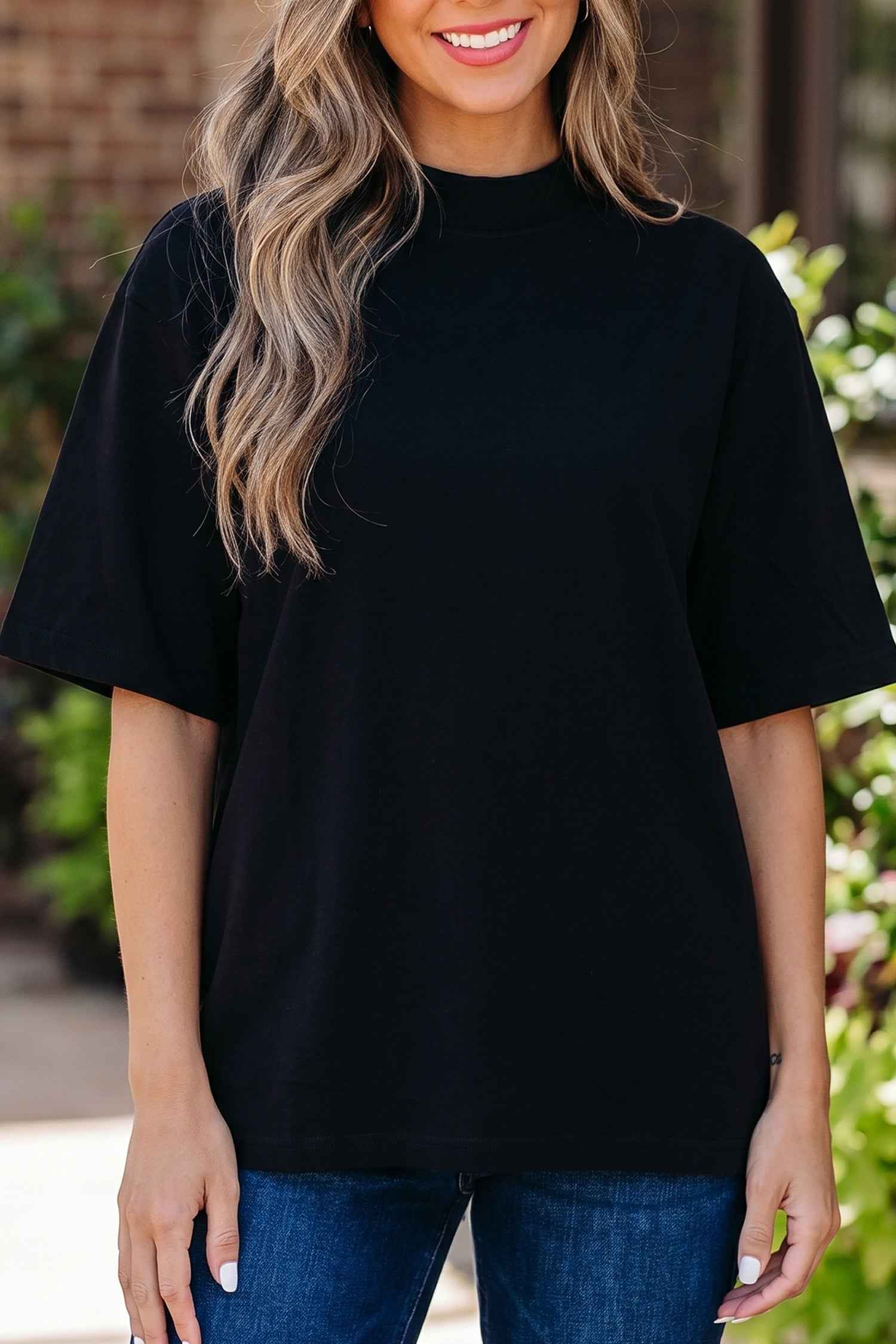 Black Solid Color High Neck Oversize Tee