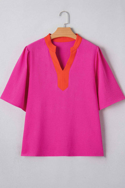 Rose Red Contrast V Neck Colorblock Wide Short Sleeve Top