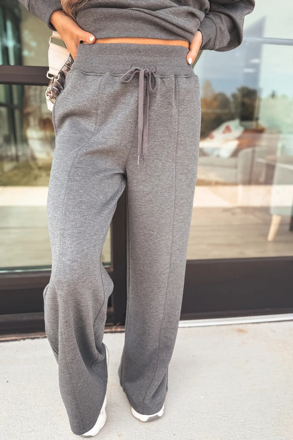 Medium Grey Collared V Neck Pullover Sweatshirt Sweatpants Set - Snoopy's Closet