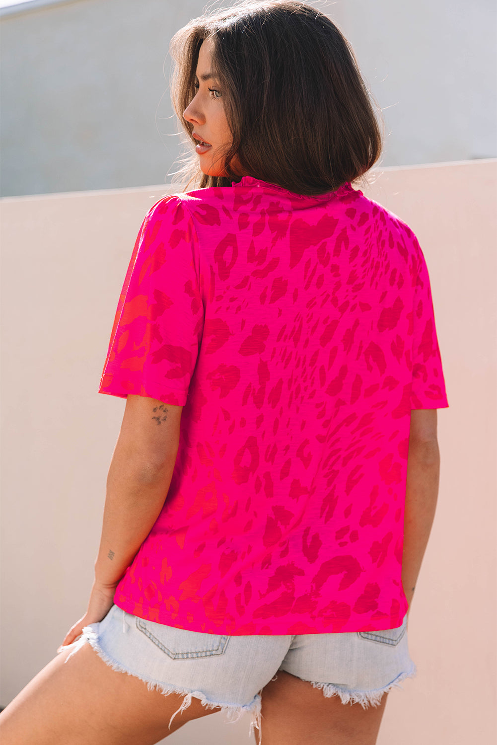 Rose Leopard Frilly V Neck Short Sleeve Blouse - Snoopy's Closet