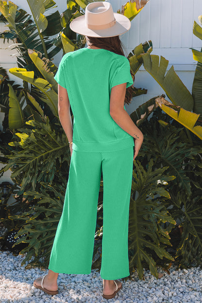 Blue Solid Corded Knit Short Sleeve T Shirt and Wide Leg Pants Set - Snoopy's Closet