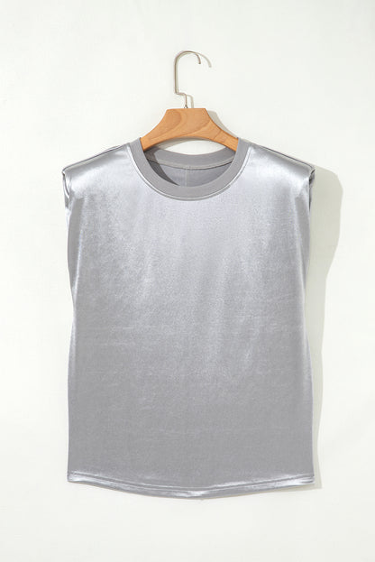Silvery Metallic Luster Crew Neck Shift Tank Top - Snoopy's Closet