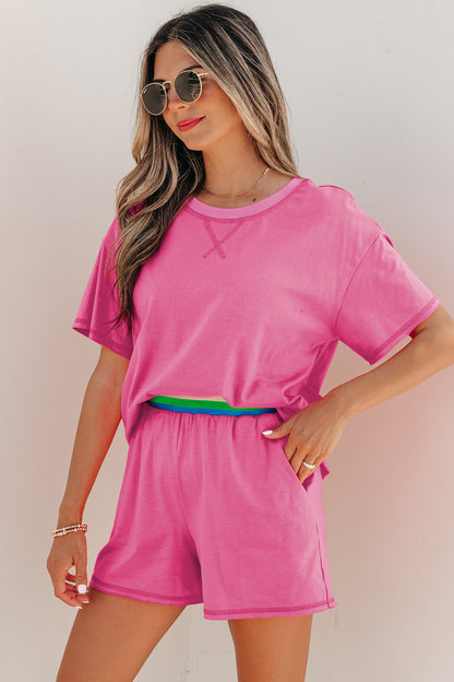 Bright Pink Seam Detail Raw Edge Tee Rainbow Waistband Casual Short Set - Snoopy's Closet
