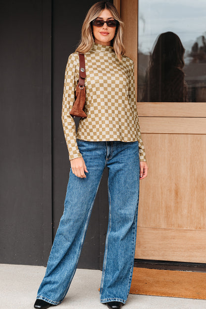 Khaki Check Pattern Turtleneck Ribbed Slim Long Sleeve Tee - Snoopy's Closet