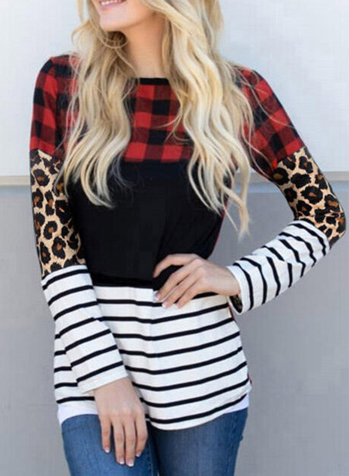 Plaid Print Leopard Splicing Striped Color Block Long Sleeve Top - Snoopy's Closet