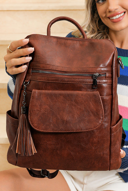 Dark Brown Tassel Decor Retro PU Large Capacity Backpack - Snoopy's Closet