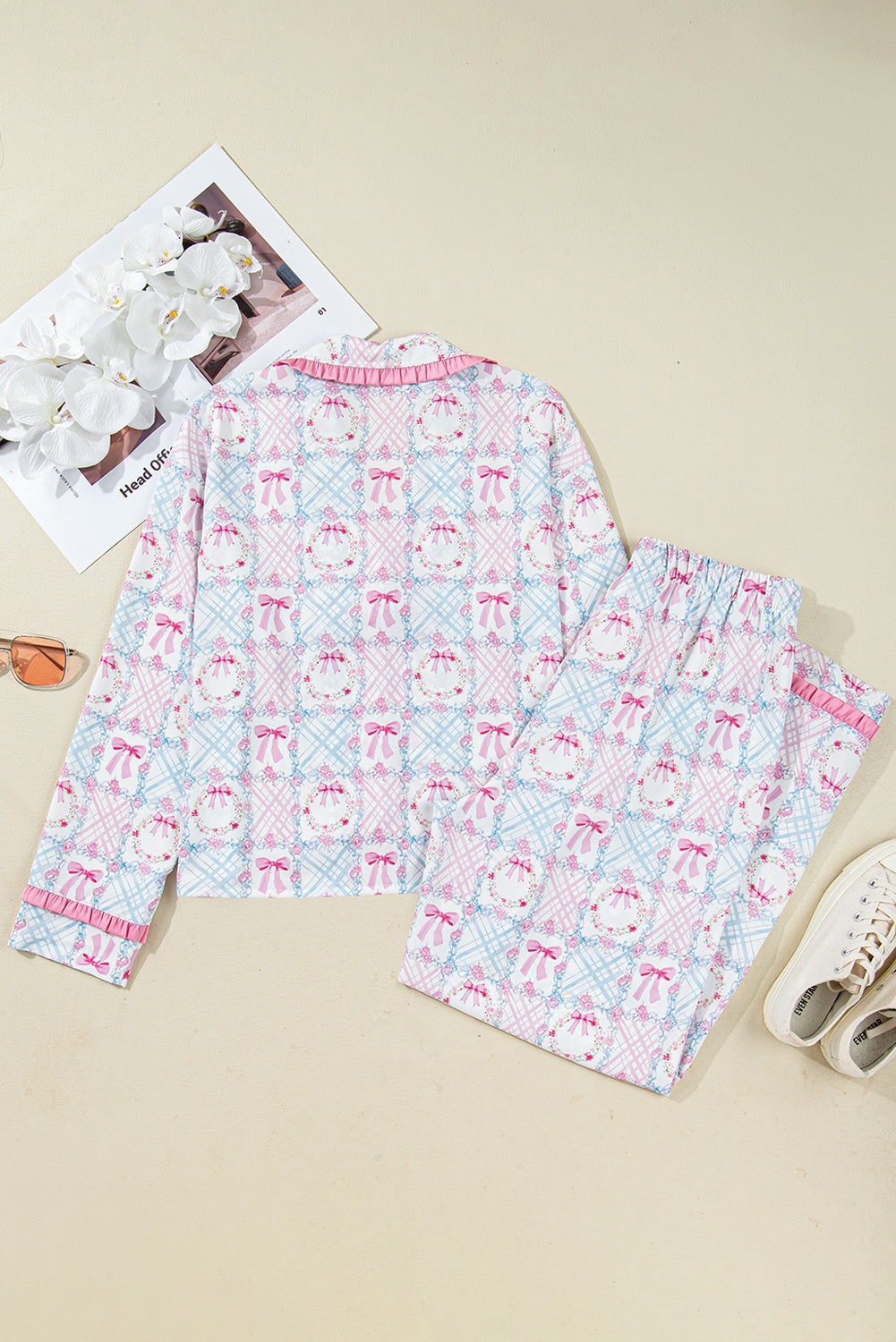 Pink Bow Wreath Pattern Christmas Holiday Tied Front Long Sleeve 2pcs Pajama Set - Snoopy's Closet