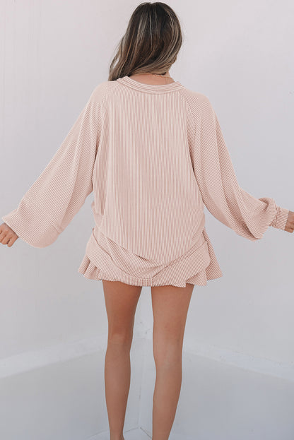 Sky Blue Corded Lantern Sleeve Top High Waist Ruffled Mini Skort Set - Snoopy's Closet