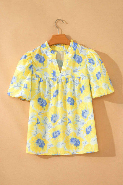 Green Short Bubble Sleeve Summer Floral Blouse