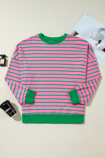 Sudadera de cuello redondo de punto gofre a rayas rosadas de talla grande