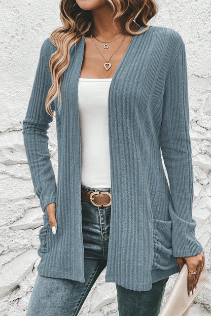 Stone Blue Ribbed Open Front Knitted Top with Pockets - Snoopy's Closet