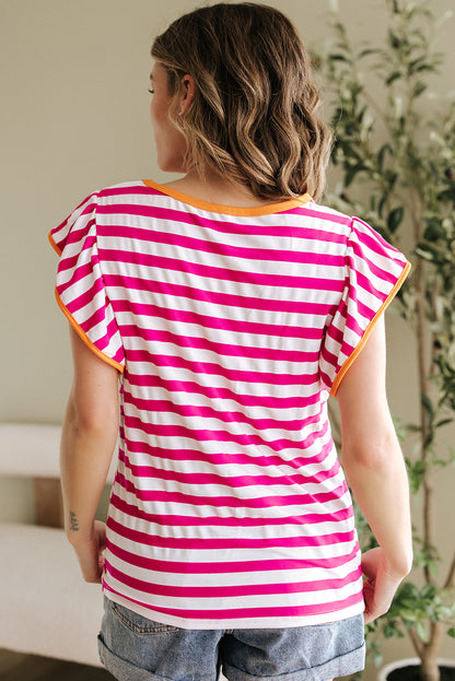 Rose Red Striped Ruffle Sleeve Crew Neck Blouse - Snoopy's Closet