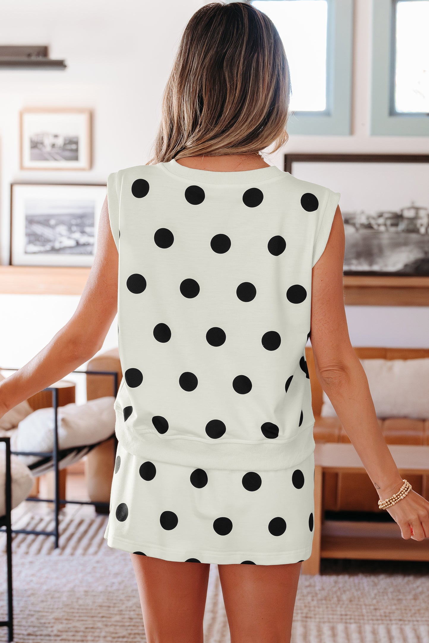 White Ribbed Trim Polka Dot Print Tank Split Mini Skort 2pcs Set - Snoopy's Closet