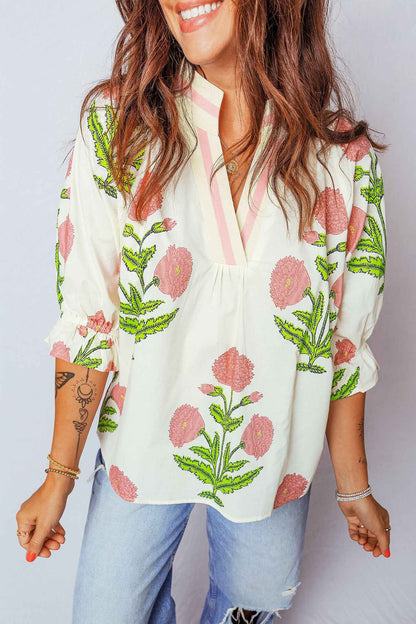 Green Casual Wild Flower Print V Neck 3/4 Sleeve Blouse