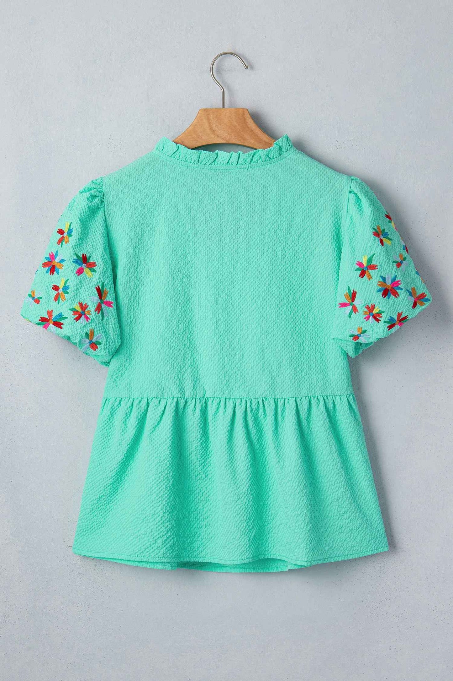 Mint Green Frilled V Neck Flower Embroidered Puff Sleeve Textured Blouse