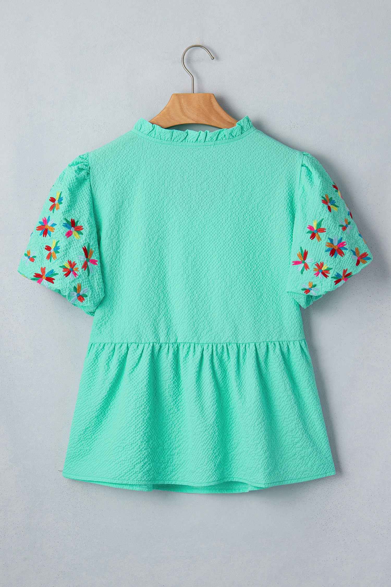 Mint Green Frilled V Neck Flower Embroidered Puff Sleeve Textured Blouse