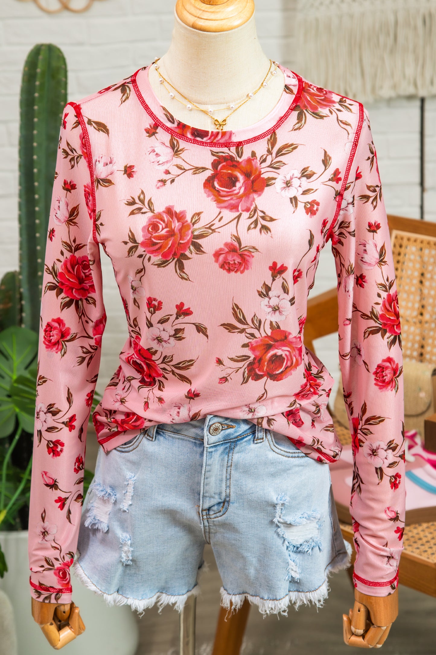 Pink Floral Print Exposed Seam Detail Mesh Long Sleeve Top - Snoopy's Closet