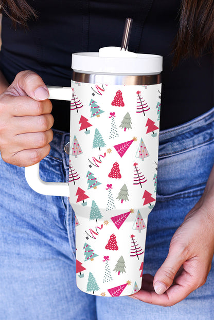 Termo de 40 oz con estampado de árbol de Navidad de dibujos animados blanco