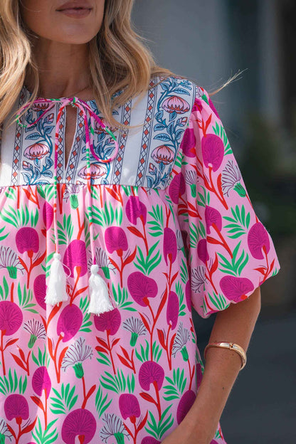 Pink Floral Print Short Sleeve Contrast Patchwork Tassel Tie Blouse